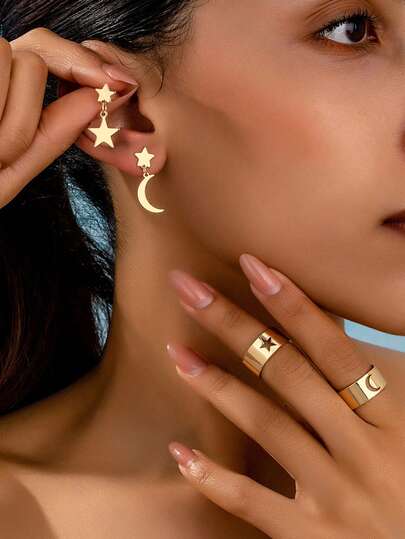 4pcs/Set Minimalist Elegant Star & Moon Women Fashion Ring & Earring Set, Suitable For Ramadan And Daily Wear
