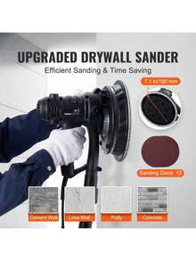 Drywall Sander, 800W Electric Sander With 12 Sanding Discs, Variable Speed 1200-2300 RPM Wall Sander With Automatic Vacuum Dust Collection System, Double LED Lights, Dust Bag, Detachable Edge - màu đen - Xem 2