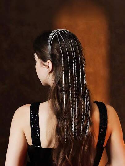 1pc Shiny Zinc Alloy Rhinestone Hair Chain, Women's Summer Headpiece Tassel Braided Hair Accessory