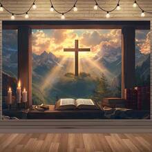 1 Piece Inspirational Christian Backdrop With, Mountains, Candles, Open Bible, Rays, Clouds And Forest Scenery  Durable Polyester Fabric Baptism, First, Tailgate Party, Photography  No Electricity Required - 彩色 - 查看 1