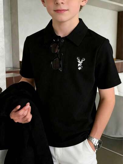 1 pieza Camiseta polo de manga corta con estampado casual, top de verano para niños, ropa de estudiante joven