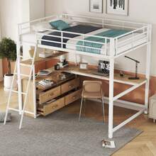 Hochbett, 140*200cm, Eisenrahmenbett, Practical Schubladen, Stylish L-Formiger Schreibtisch, Laminatdesign, Ohne Matratze, White - White - View 5