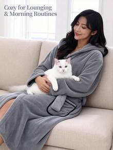 Women's Hooded Bathrobe, Solid Color Coral Fleece Long Robe With Pockets & Belt, Cozy Plush Absorbent Winter Dressing Gown Loungewear, Perfect For Daily Home Wear, Wedding Anniversary Bridal Shower Bachelorette Party, Home Bathroom Hotel Pool Spa Sauna - Gray Appliquéd Bathrobe - View 4