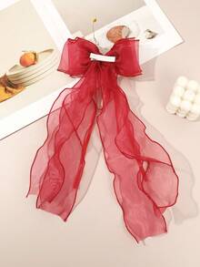 1Pc Large Romantic Bow Hair Clip With Heart-Shaped Rhinestones, Dual-Layer Tulle And Long Ribbons, The Perfect Date & Party Hair Accessory - Red - View 4