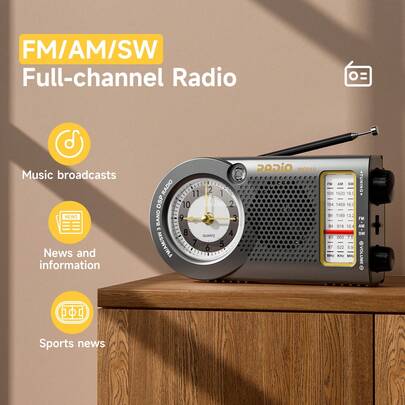 Przenośne radio AM/FM/SW trójpasmowe, wyświetlacz zegara, wejście audio, akumulator, z anteną. Nadaje się do użytku na zewnątrz, na kempingu i w sytuacjach awaryjnych.
