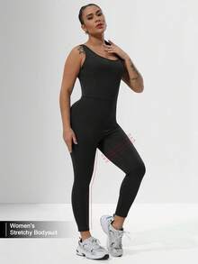 大码女式运动瑜伽服，高支撑吸湿透气户外大码女式腰腹塑形高弹力背带健身套装 - 黑色 - 查看 4