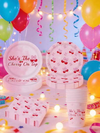 10pcs She's The Cherry On Top Decorations Pink Bow Birthday Paper Plates And Napkins Cups Party Supplies Baby Shower Decor For Girl Cherry Birthday Decorations