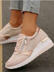 Women's Wedge Sneakers: Rose Gold Mesh Platform Sneakers With Side Zip For Daily Comfort 6CM Hidden Heel Sneakers: Nude Rose Gold Mesh Casual Shoes - Easy Slip-On For Jeans & Dresses Comfy Platform Wedge Sneakers: Breathable Mesh Rose Gold Accent Shoes For Women 2025 Elegant Nude Wedge Sneakers: Side Zip Platform Casual Shoes - Soft & Stylish For Summer Metallic Accent Wedge Sneakers: 6CM Hidden Heel Mesh Sneakers - Versatile For Work & Weekend - Hồng - Xem 3