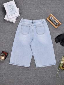 Quần short denim ống rộng dáng Bermuda, chất liệu denim, in chữ và mực đen, túi xéo, thích hợp mặc hàng ngày, đi chơi hoặc cho mùa xuân hè, dành cho nữ. - Màu xanh nhạt - Xem 6