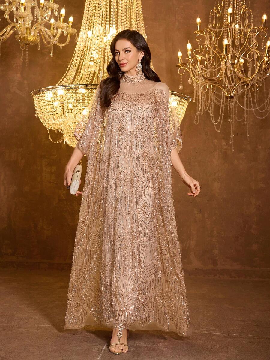 SUPGIR Women's Mandarin Collar Long Sleeve Handmade Rhinestone Satin Evening Dress - Champagne - View 1