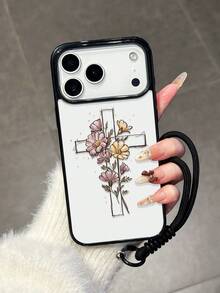 1pc Cross Outline Pink & Yellow Floral Handpainted Phone Case With Black Lanyard, Shock-Proof Protective Cover Compatible With Iphone 17/17 Pro/17 Pro Max/16/11/13/15/15 Plus/15 Pro/15 Pro Max/12/14 Pro Max/11 Pro Max/12 Pro/12 Pro Max/13 Pro/13 Pro Max/14 Pro/14 Plus - Black Lanyard - View 3