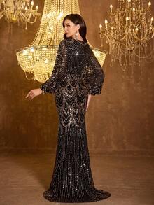SUPGIR Sweetheart Neck Lantern Sleeve Lace Fabric Waist Cinched Front Slit Dress, Evening Gown - Black - View 2