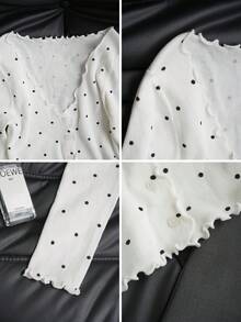 新款春夏韩版波点性感针织开衫，时尚优雅修身荷叶边长袖上衣，可搭配蕾丝露背装 - 白底黑波點 - 查看 8
