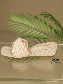 女士复古编织厚底露趾单带凉拖鞋，休闲度假沙滩高跟拖鞋，夏季 - 米色 - 查看 12