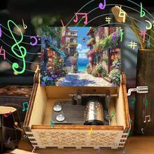 手摇音乐盒 - 无需电池的木质音乐盒，饰有地中海街头艺术图案，播放《You Are My Sunshine》 - 送给她的理想礼物 - 地中海街頭音樂盒 - 查看 2