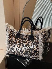 Large Capacity Commuter Tote Bag, Spring New Versatile Leopard Print Shoulder Handbag For Women - Khaki - View 5