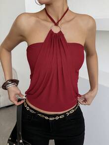 Camiseta corta con escote halter de metal diseñador GLOpass, nueva colección 2026 en color rojo vino con pliegues y espalda descubierta, ajuste ceñido estilo Y2K para mujer, casual de verano - Burdeos - Ver 6