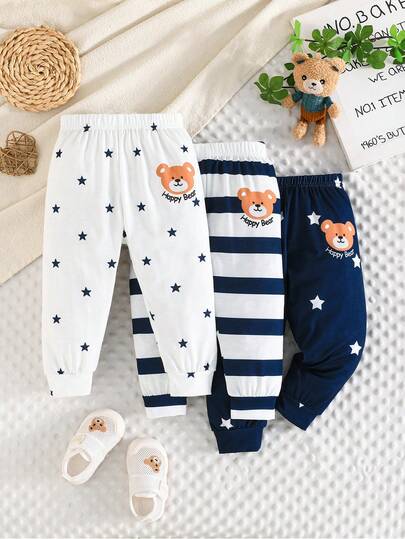 3 piezas Pantalones casuales para bebé niño con estampado de oso lindo, a rayas y de letras, adecuados para primavera/verano al aire libre
