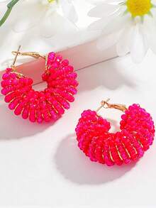 Bohemian Beaded Hoop Earrings, Handmade Crystal Chunky Hoop Earrings, Spring Vacation Boho Statement Jewelry For Beach & Summer Daily Wear - Multicolor - View 8