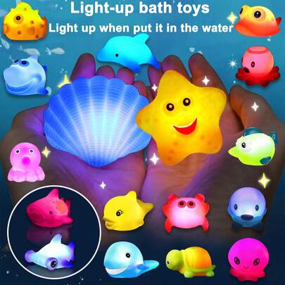 Glitter Colorful No Hole Ocean Animals Bath Toys , Light Up Bathtub Floating Water Toys, Great Gifts For Bathroom Water Tub Games Pool Party