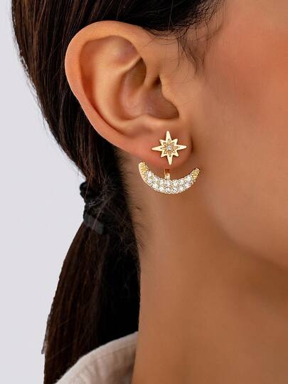 1 Pair Minimalist Elegant Crystal Star & Moon Stud Earrings For Women, Suitable For Ramadan, Parties, Banquets And Daily Wear