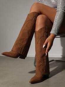 Women Fold Over Boots Studded Chunky High Heels Cool Fashion Punk Gothic Knee High Cowgirl Vintage Shark Western Boot For Woman - 棕色 - 查看 2