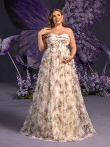 Faeriesty Elegant Maternity Plus Size Soft Ivory Strapless Sleeveless Maxi Party Gown | Floral Printed Sheer Mesh & Tulle Fabric, Chest Ruched Detailing Vacation Spring - Apricot - View 4