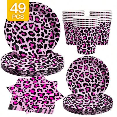 8pcs Leopard Print Pink & Purple Disposable Tableware Set, Including Plates, Napkins And Cups, Suitable For 8 Guests, Disposable Paper Plates Party Supplies For Birthday, Wedding, Theme Party, Family Picnic