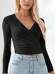 Women Ballet Wrap Top V Neck Solid Long Sleeve Self Tie Dance Shirt Pilates Yoga Tops Y2k Workout Active Blouses Clubwear For Daily Party - 黑色 - 查看 3