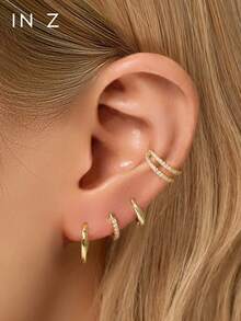 1pc 925 Sterling Silver Geometric Ear Cuff With Rhinestones, Hypoallergenic Gold Earrings, Suitable For Women's Daily Wear - Diamond-studded Geometric Ear Clips - View 9