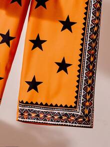Girls Bohemian Style Set, Orange Camisole Top + Wide Leg Pants With Star & Moon Sheep Print And Bohemian Geometric Trim, Loose 2-Piece Outfit For Beach, Casual, Party, Spring/Summer - Orange - View 10