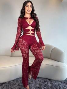 Women's Two-Piece Set Of Elegant And Fresh Temperament Simple Casual Solid Color Fashion Long-Sleeved Decorative Buckle Splicing Sexy Hollow Top Micro-Horn Micro-Perspective Trousers Two-Piece Set - Màu Đỏ Sâu - Xem 1