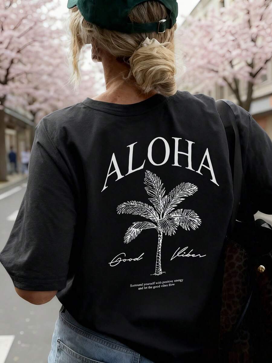 Women's New Palm Tree Slogan Print Casual Round Neck Short Sleeve T-Shirt, Fashionable Resort Style, Your Daily Essential. Graphic Tee, Women's White, Black, Pink Tops, Vacation Outfit - Black - View 1