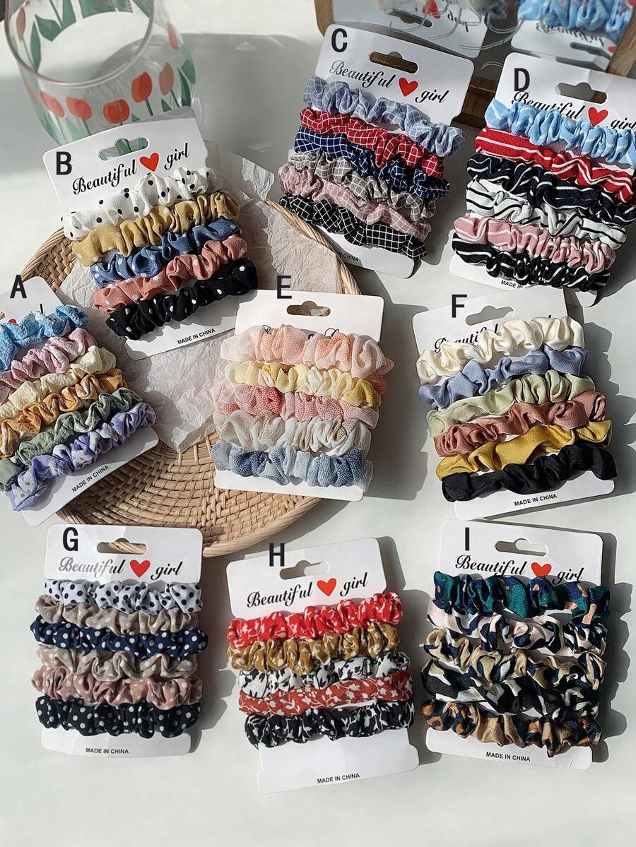 Bộ 6 dây buộc tóc bằng satin, dây buộc tóc nhiều kiểu dáng, đa năng. - Nhiều màu - Xem 1