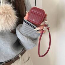 Minimalist Leather Red Rhombus Lanyard Protective Case Compatible With Apple Pro 3rd Gen, 2 Wireless Bluetooth Soft Full Cover Case For Women - Red - View 5