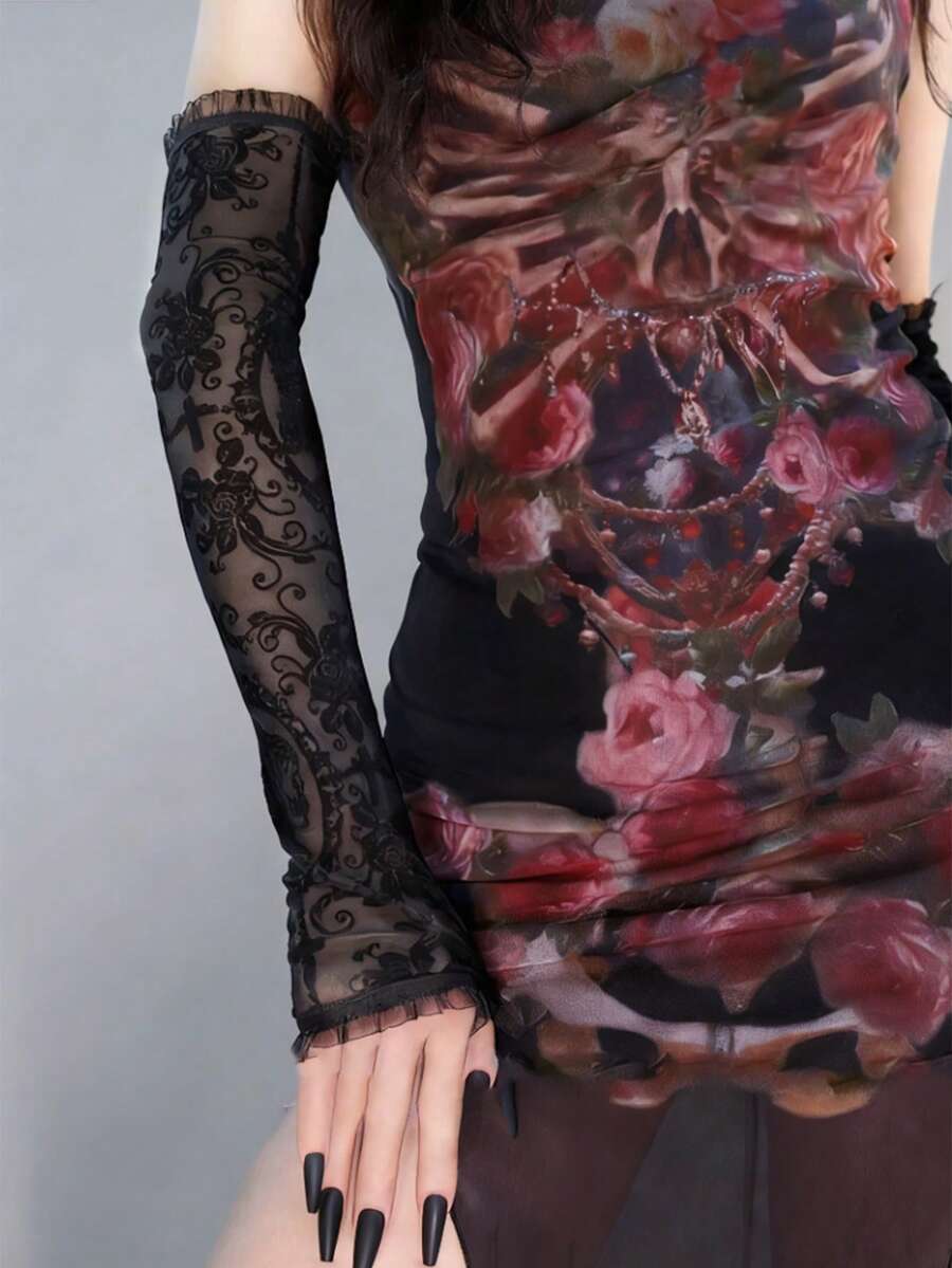 Lace Sheer Korean Style Retro Mesh Black Lace Gloves, Sexy Photo Prop, Black Fishnet Arm Sleeves - Multicolor - View 1