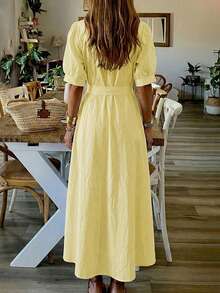 女士轻薄衬衫裙，开领纯色宽松衬衫裙，系带泡泡袖，短袖，无弹力，休闲通勤法式简约风格，优雅大方，适合女性度假、毕业季、情人节、独立日、返校季等场合，是馈赠佳品。夏季 - Butter Yellow - 查看 6