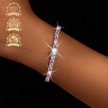 1 chiếc Vòng tay xích tennis hình vuông hình học bằng bạc Sterling 925 tối giản dành cho nữ, đa năng để đeo hàng ngày, làm quà tặng, tiệc tùng, đi nghỉ - Hồng - Xem 2