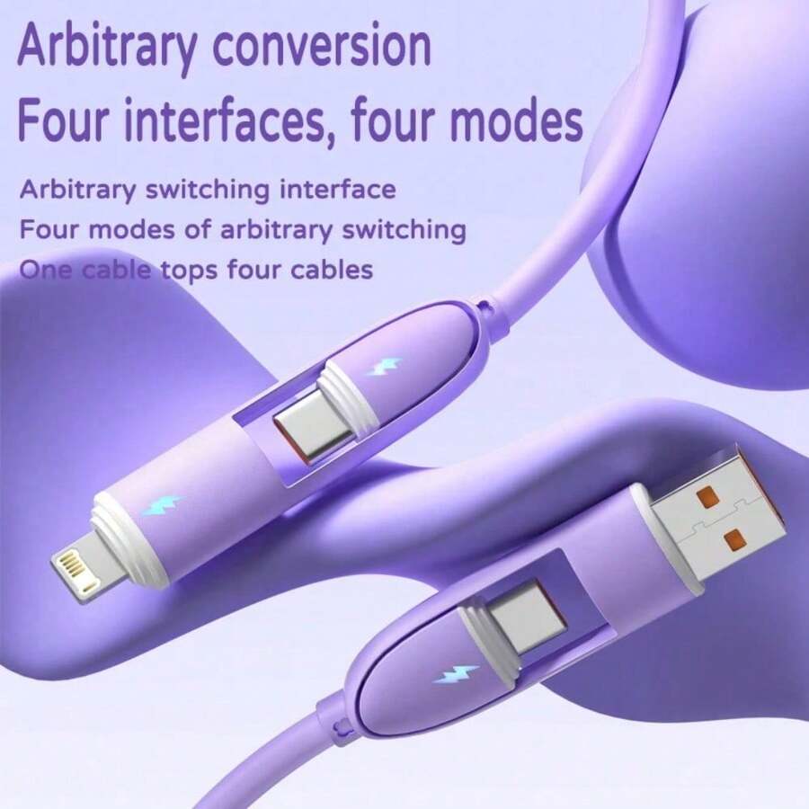 Durcord 4in1 66W/100W(MAX)/27W Fast Charging Cable,For  Charger Cable,Silicone Charging Cable,Universal Compatibility With /Android/Type-C USB Devices Portable Charger,Portable Charger,Charging Cable Compatible With  17/16/15/14/13/12/11/ S24/S23/S22/S21, Vivo,Compatible With Samsung,Universal Efficient Charging Adapter - 紫色/1件 - 查看 1