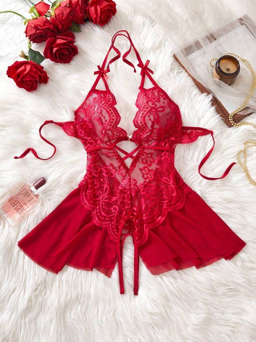 Women's Sexy Deep V Lace Lotus Bra Set, Versatile Lingerie For Bedroom, Bathroom, Party - Red - View 1