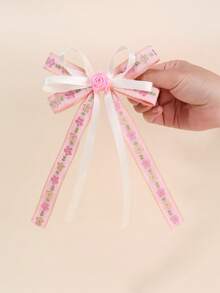 2pcs Pink Embroidered Floral Bow Hair Clips For Girls Pastel Colored Ribbon Fabric Hair Bows Flower Alligator Clips Aesthetic Sweet Princess Barrettes Casual Birthday Wedding Party Hairpins Teens Hair Accessories - Multicolor - View 4