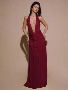 Valentine Outfits For WomenBAE Sexy Minimalist Solid Yellow Cream Deep V-Neck Halter Bodycon Ruched Fitted Women's Maxi Mesh Dress, Suitable For Party, Cocktail, Formal Occasions, Bridesmaid, Birthday, Business Casual, Elegant Women Maxi Dress,Valentine's Day,Valentine Fits For WomenLoose And Comfortablevalentine's Day - 酒紅色 - 查看 6