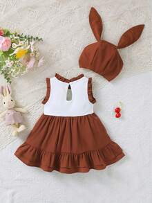 1pc Baby Girls' Casual Cute Rabbit & Carrot Embroidered Ruffle Hem Dress With 3D Ear Hat, Summer - Brown - View 2