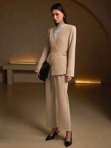 Women's Fashion Long Sleeve V-Neck Tie Front Top, Woven Fabric, Regular Fit, With Pockets - Camel - View 1