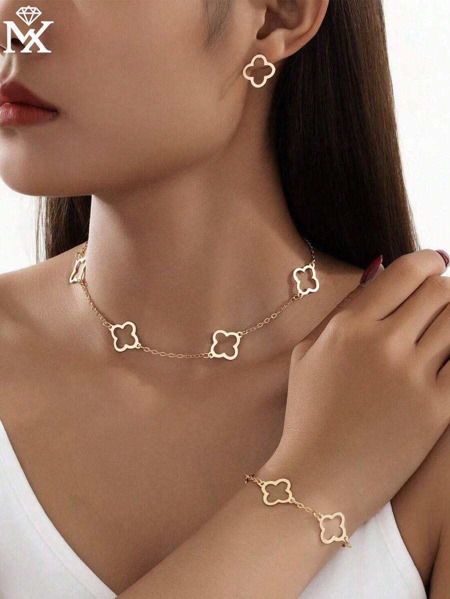 1 Set 925 Sterling Silver Fashionable Simple Leaf, Grass & Flower Necklace, Earring & Bracelet Set Valentines,Mom,Mother,Mother's Day,Gift - Yellow Gold - View 1