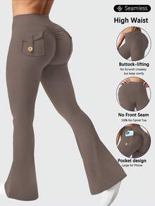 Women's Outdoor Flared Pants With Pockets, Women's Tight Fit Sports Leggings Butt Lifting Yoga Pants - Cà phê nâu - Xem 1