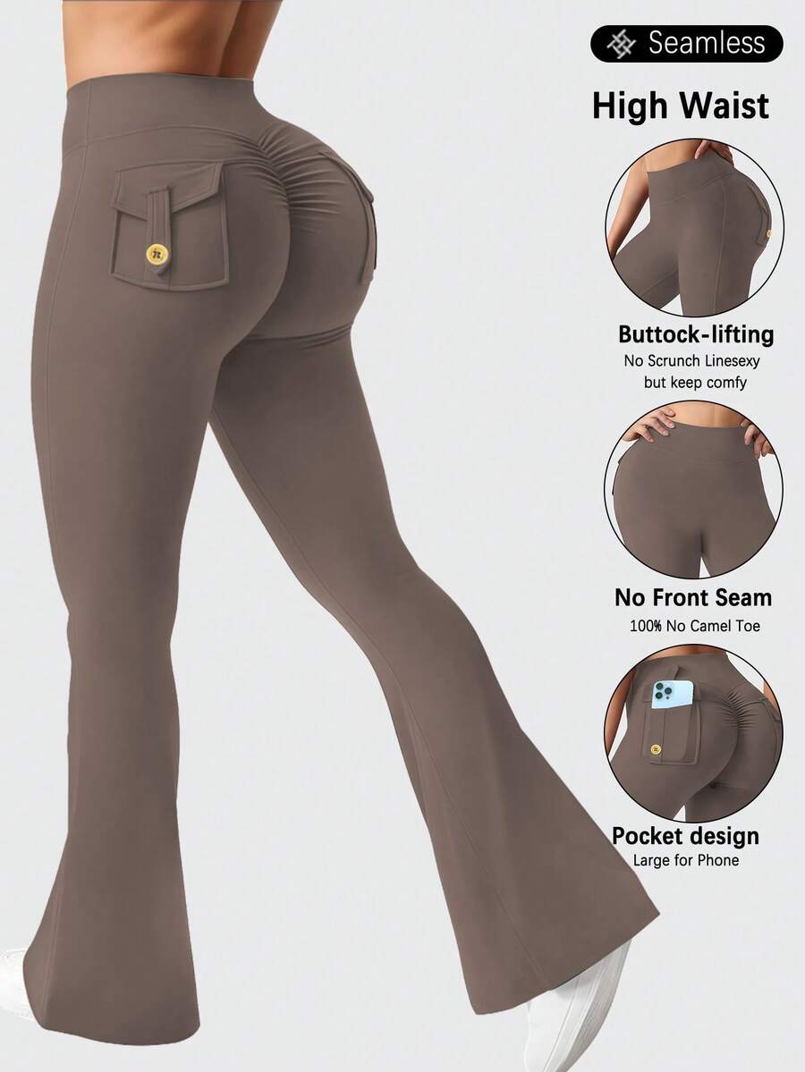 Women's Outdoor Flared Pants With Pockets, Women's Tight Fit Sports Leggings Butt Lifting Yoga Pants - Cà phê nâu - Xem 1