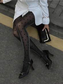 1双女士大波点性感薄款闪亮长筒袜 时尚提花连裤袜 黑色打底裤 - 黑色 - 查看 1