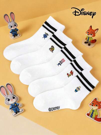 Disney 1/5 pares de calentadores de pantorrilla de media caña con diseños de la colaboración de dibujos animados "Zootopia", que incluye a Judy, Nick, el jefe Bogo y el alcalde Lionheart, adecuados para niños y niñas, uso diario, fiestas, Pascua, primavera/verano, blancos con doble raya, suaves y cómodos