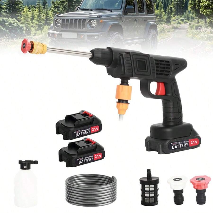 Portable Cordless Pressure Washer,21V Cordless Pressure Washer With Battery-Powered Copper Motor, Power Washer With Multifunction Nozzle, Adjustment Portable Power Cleaner With Copper Extension Rod , With 2 Nozzles, 2 Battery, 5m Hose Cordless Jet Washers For Car, Garden & Homefor Cars - 黑色 - 查看 1